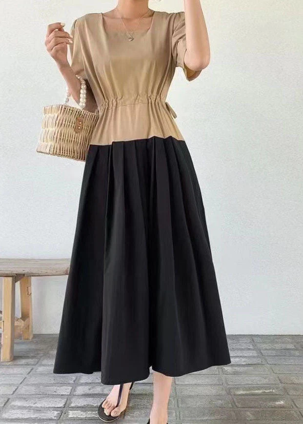 Diy Khaki Patchwork Wrinkled Drawstring Cotton Dress Summer - Image 2