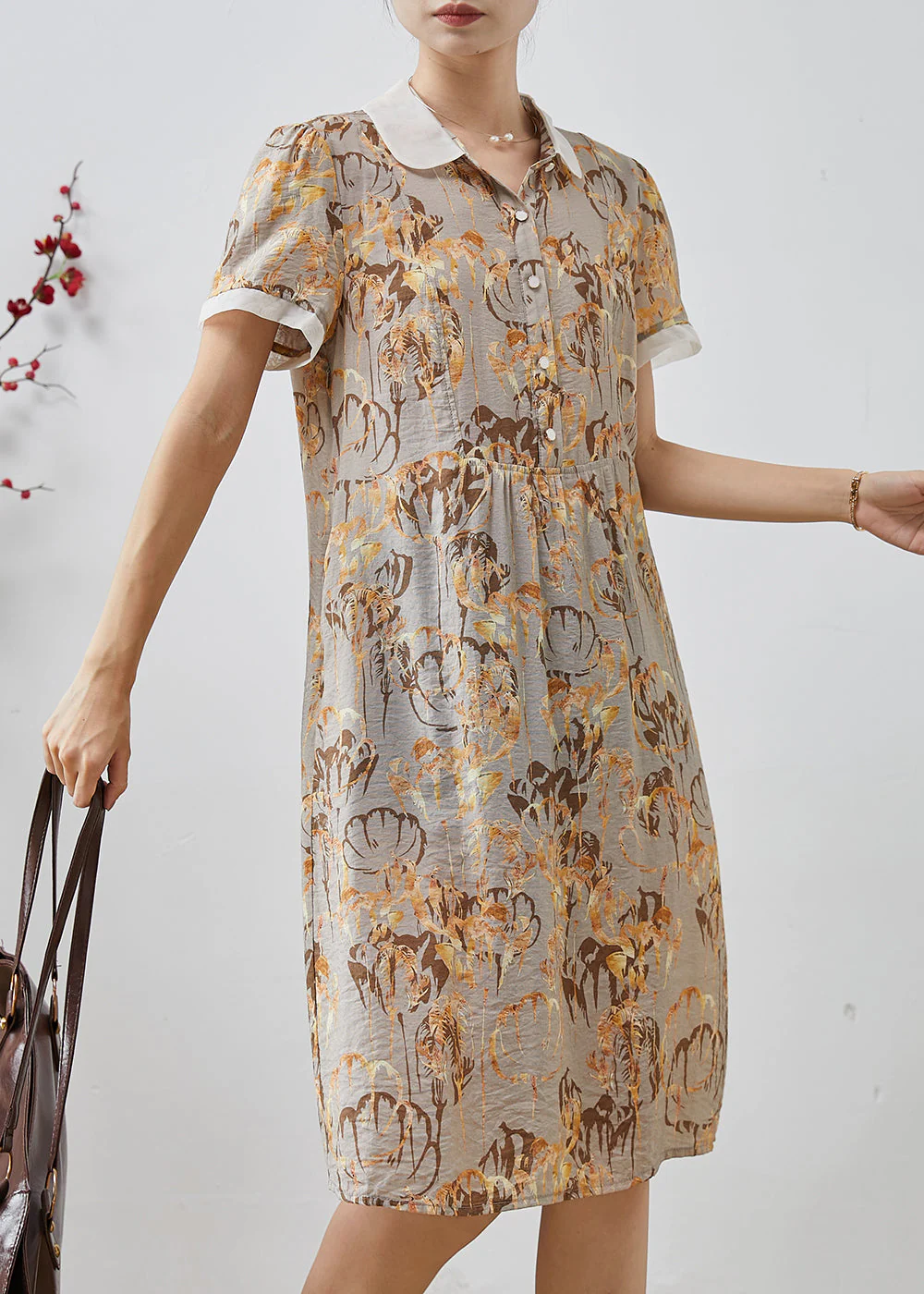 DIY Khaki Peter Pan Collar Print Cotton Shirt Dresses Summer - Image 2
