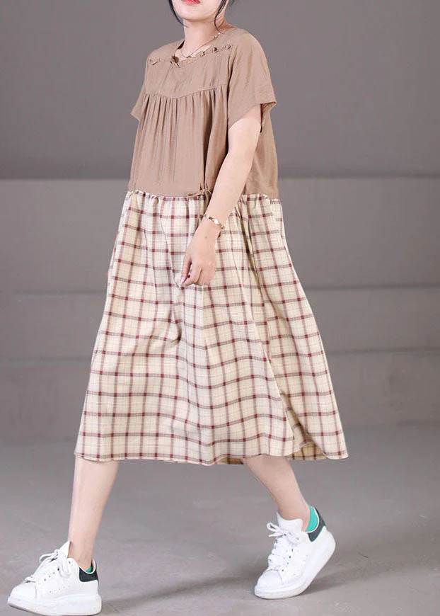 DIY Khaki Square Collar Wrinkled Ruffled Drawstring Plaid Maxi Dresses Short Sleeve - Image 3