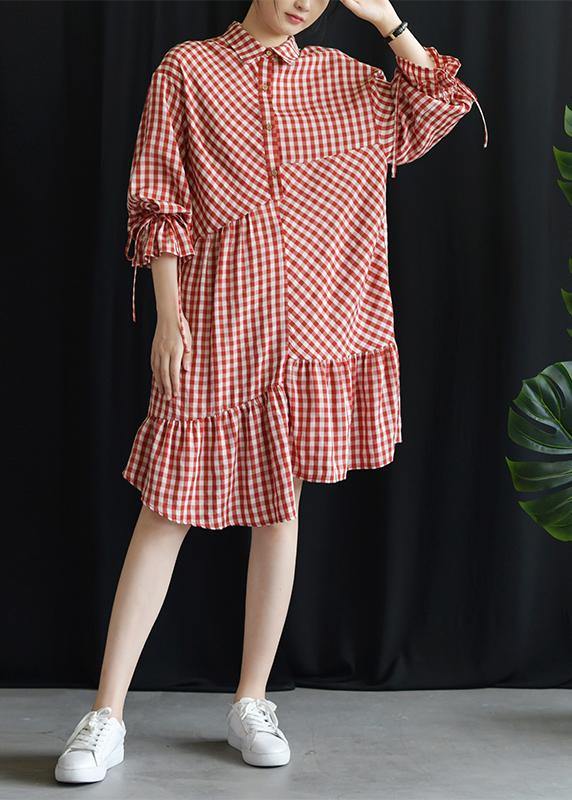 DIY lapel asymmetric Cotton dresses Fashion Ideas red Plaid Dress fall - Image 2