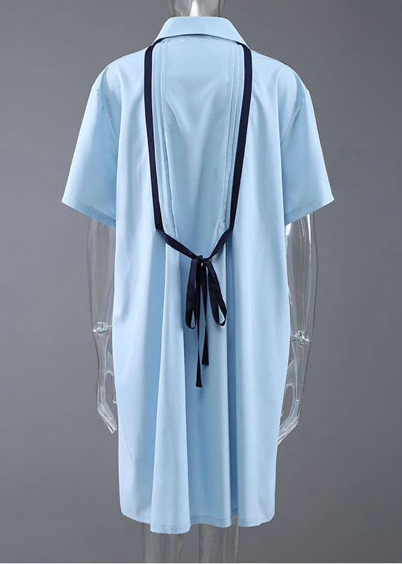 DIY Light Blue button Peter Pan Collar shirt Dress Short Sleeve - Image 2