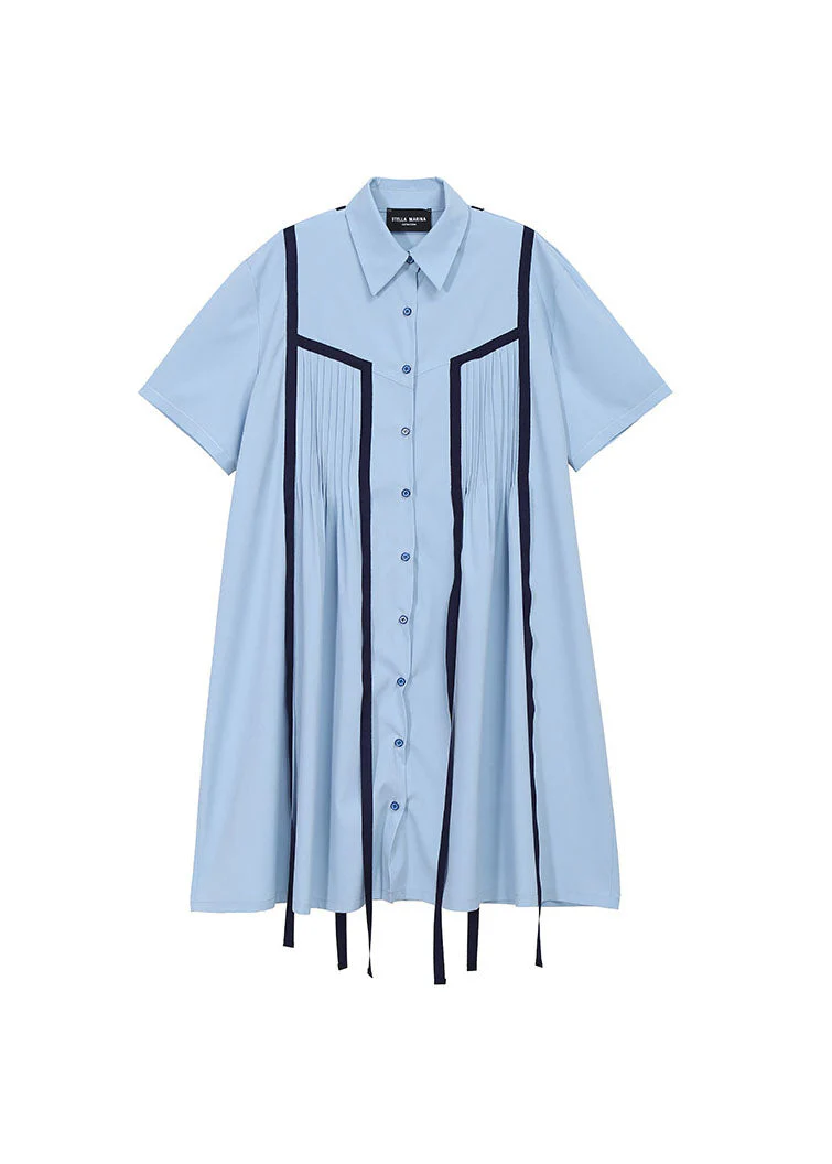 DIY Light Blue button Peter Pan Collar shirt Dress Short Sleeve - Image 3