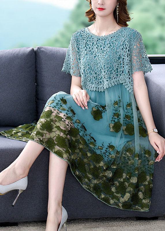 Diy Light Blue Embroideried Patchwork Tulle Dress Short Sleeve - Image 3