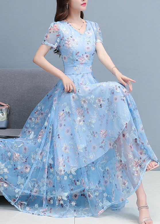 DIY Light Blue Print Chiffon Long Beach Dresses Summer - Image 2