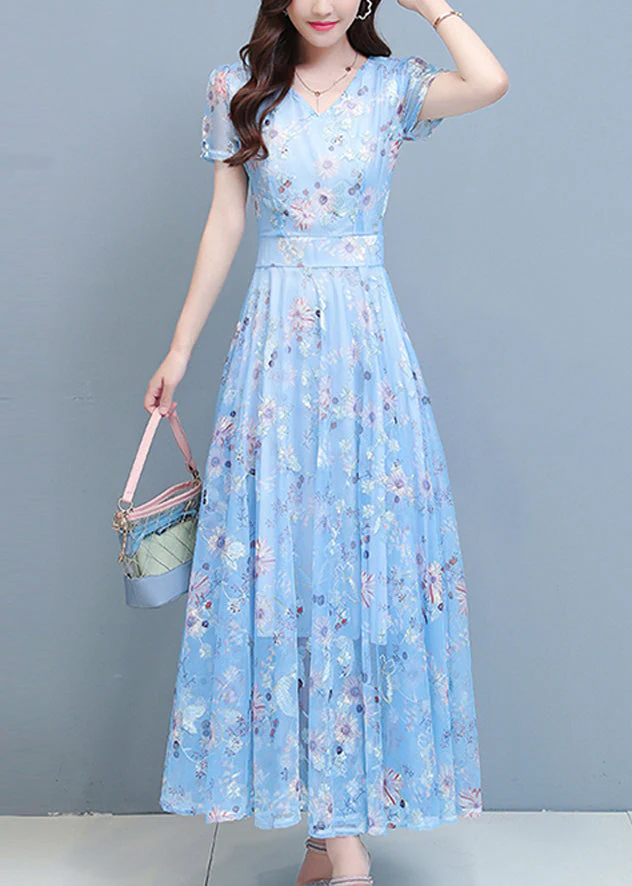 DIY Light Blue Print Chiffon Long Beach Dresses Summer - Image 3
