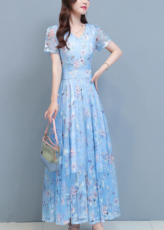 DIY Light Blue Print Chiffon Long Beach Dresses Summer - Image 4