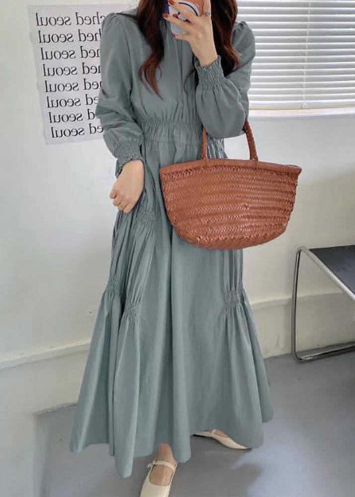 DIY Light Blue Stand Collar Wrinkled Patchwork Cotton Dresses Spring - Image 2