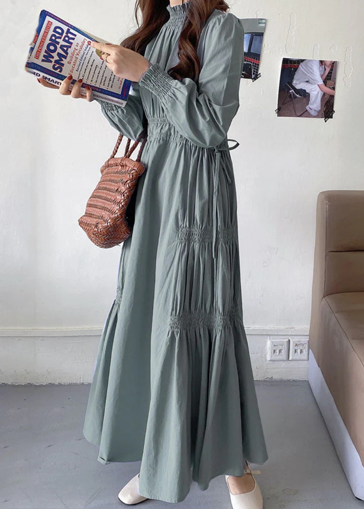 DIY Light Blue Stand Collar Wrinkled Patchwork Cotton Dresses Spring - Image 3