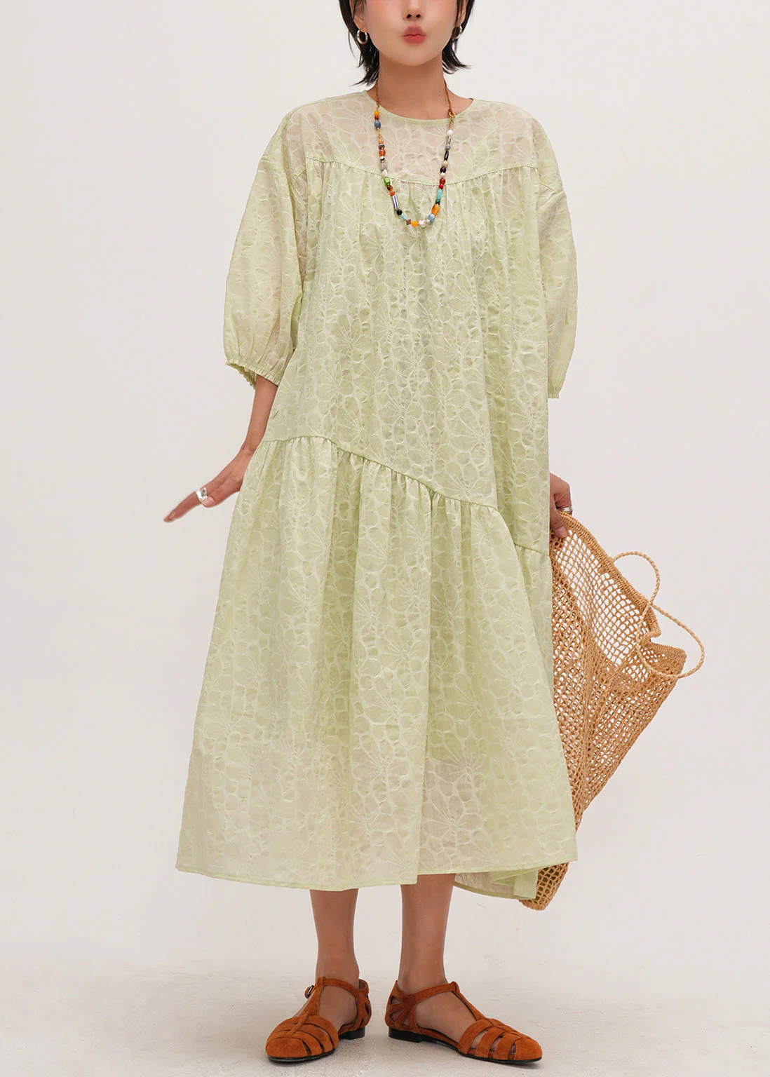 DIY Light Green Jacquard Patchwork Cotton Holiday Dress Bracelet Sleeve