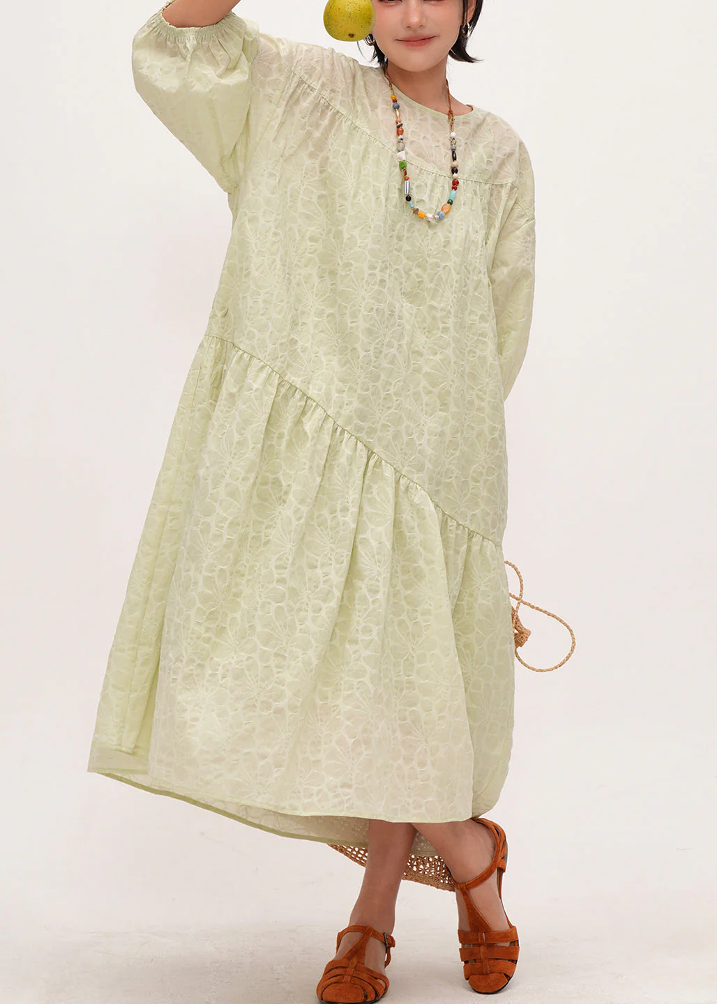 DIY Light Green Jacquard Patchwork Cotton Holiday Dress Bracelet Sleeve - Image 2