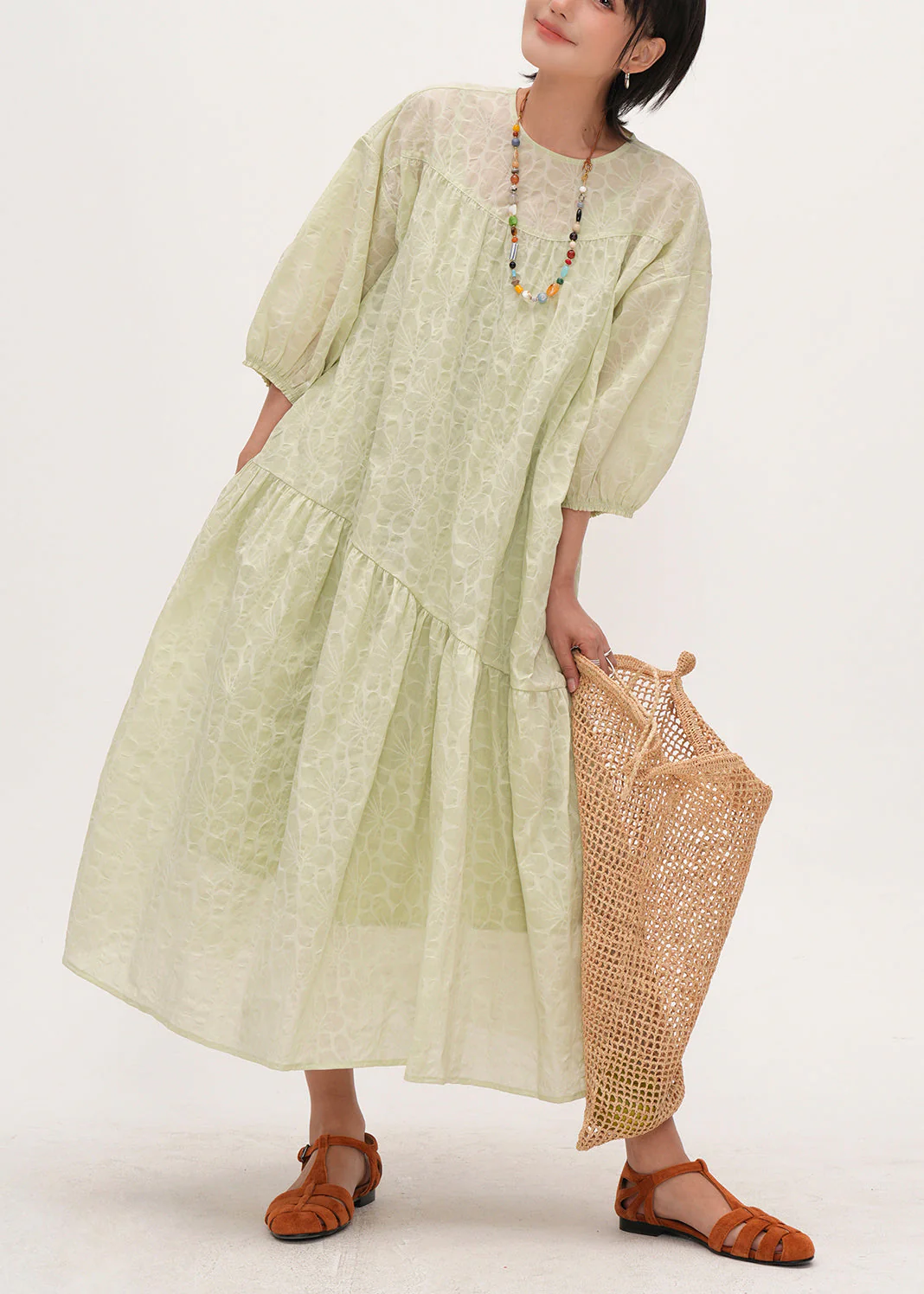DIY Light Green Jacquard Patchwork Cotton Holiday Dress Bracelet Sleeve - Image 3