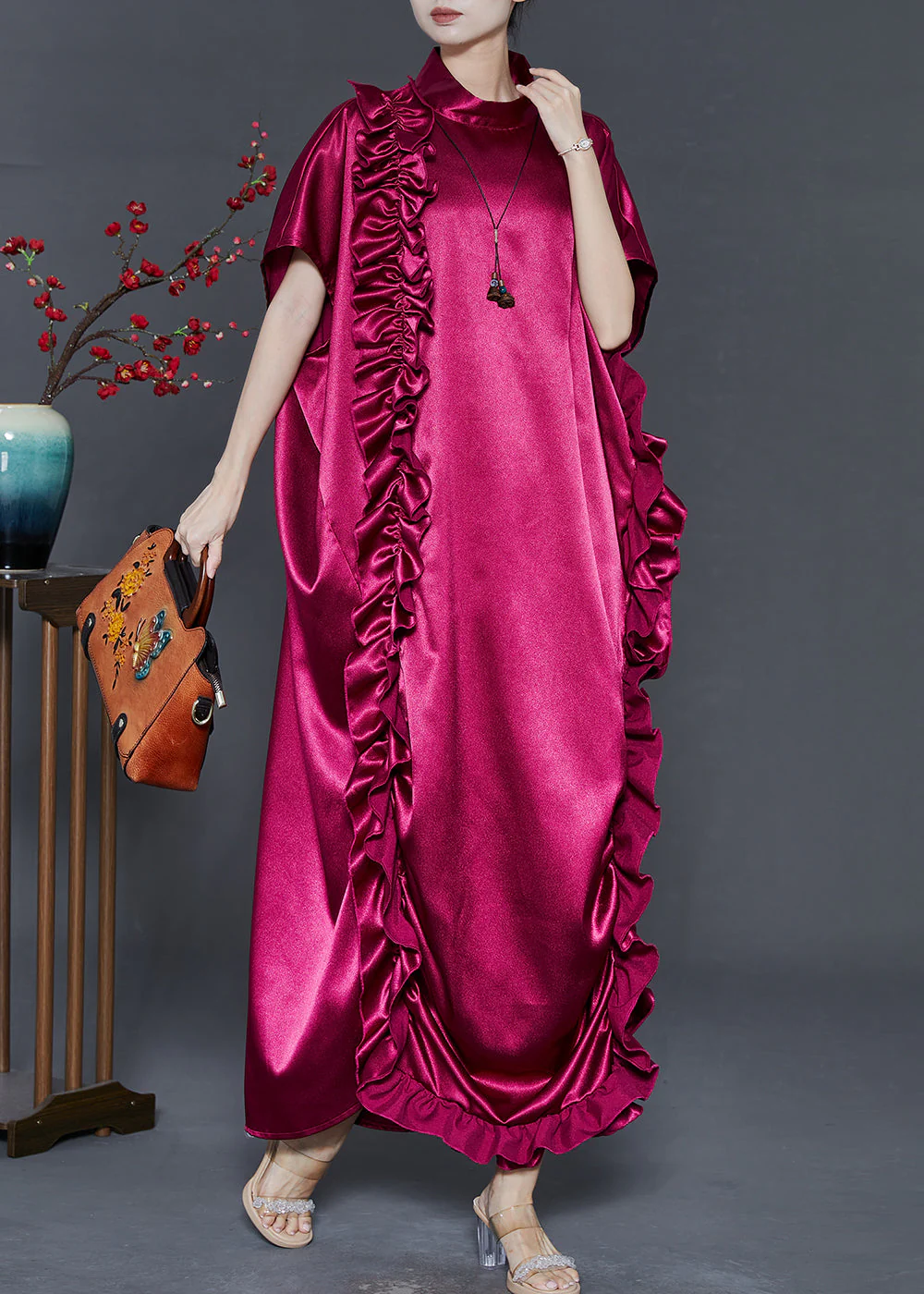 DIY Mulberry Stand Collar Ruffled Silk Dresses Summer - Image 2