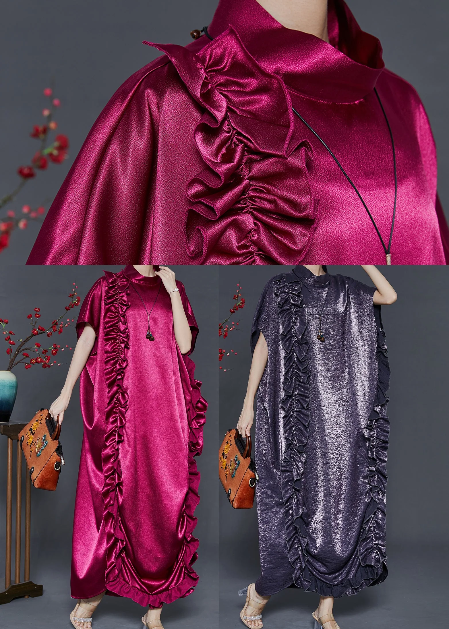 DIY Mulberry Stand Collar Ruffled Silk Dresses Summer - Image 5