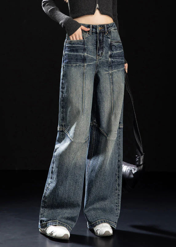 DIY Navy Oversized Patchwork Denim Wide Leg Pants Spring