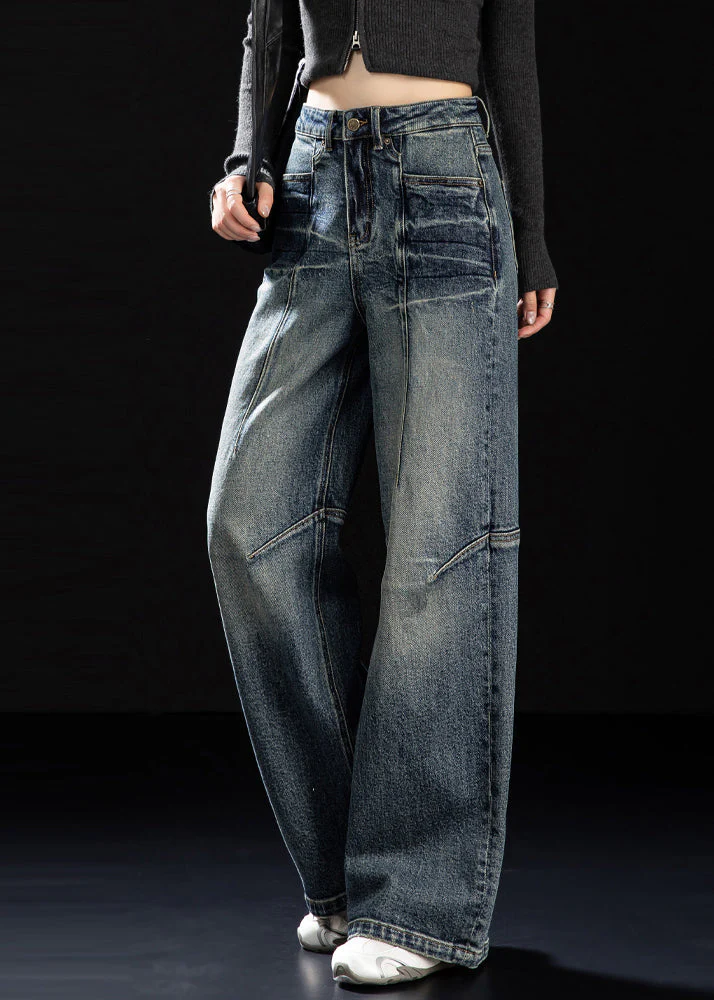 DIY Navy Oversized Patchwork Denim Wide Leg Pants Spring - Image 3