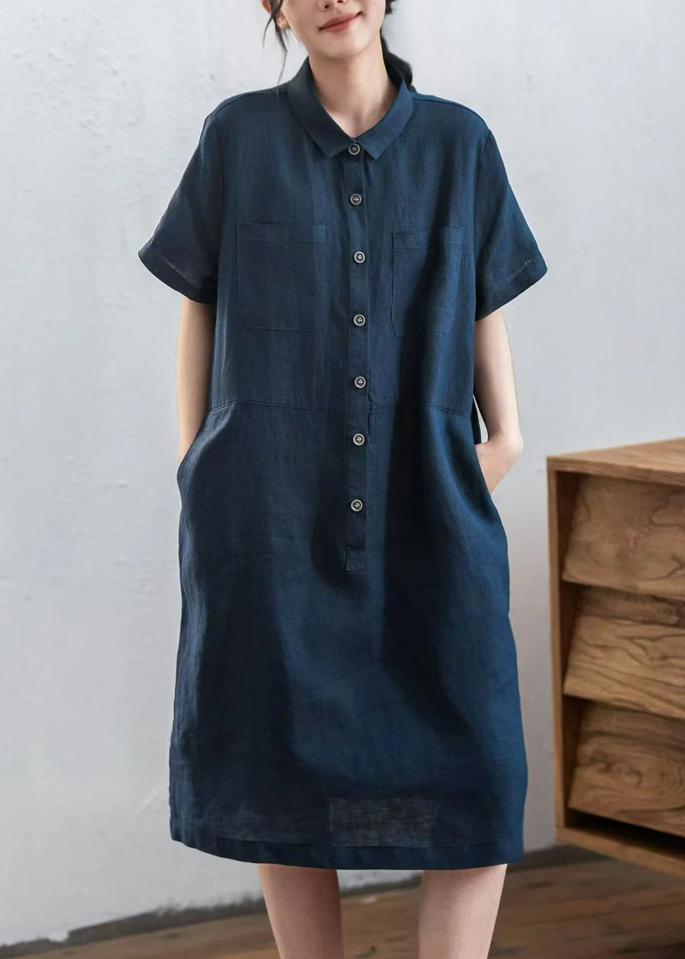 DIY Navy Oversized Pockets Linen Maxi Dresses Summer - Image 2