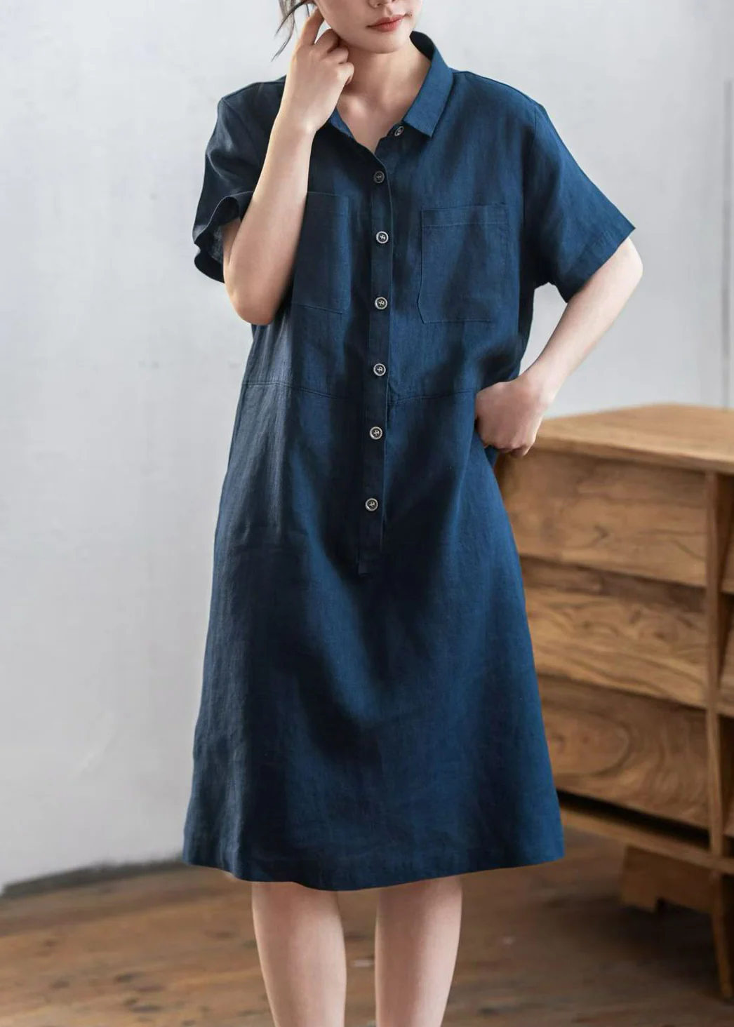 DIY Navy Oversized Pockets Linen Maxi Dresses Summer - Image 3