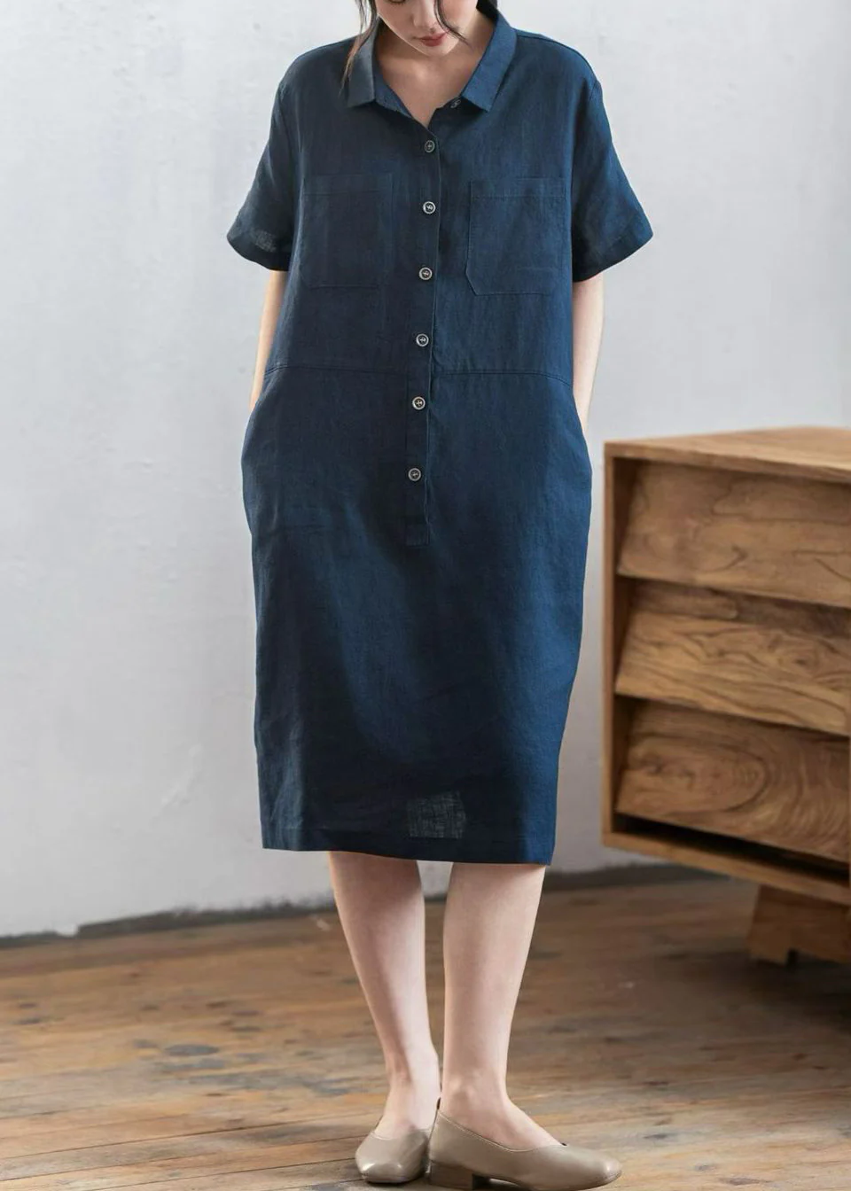 DIY Navy Oversized Pockets Linen Maxi Dresses Summer - Image 4