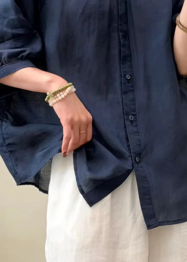 DIY Navy Oversized Wrinkled Linen Shirt Top Summer - Image 4