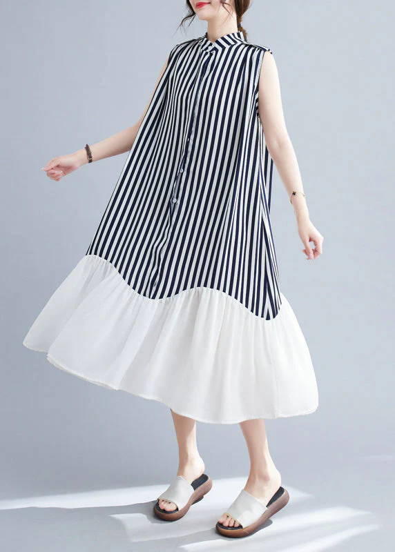 DIY Navy Stand Collar Patchwork Striped Dresses Sleeveless - Image 2
