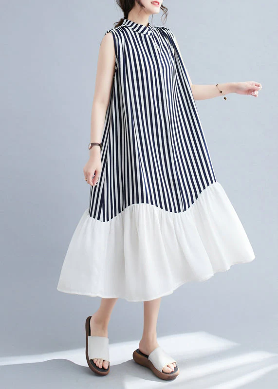 DIY Navy Stand Collar Patchwork Striped Dresses Sleeveless - Image 3