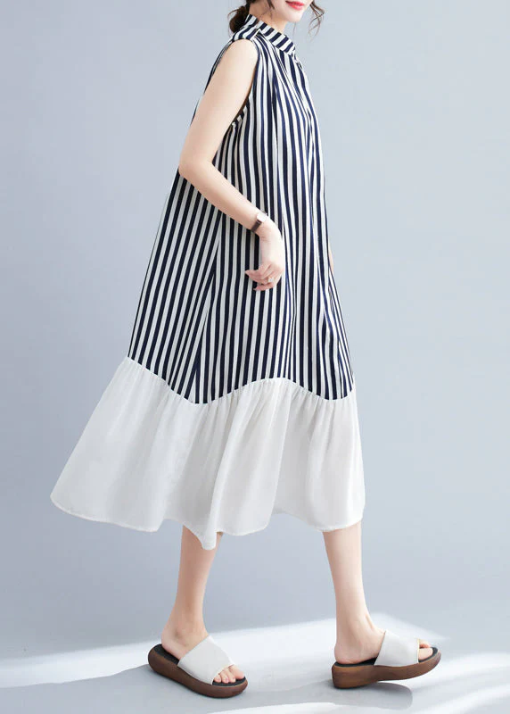 DIY Navy Stand Collar Patchwork Striped Dresses Sleeveless - Image 4