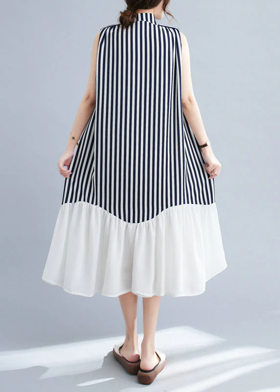DIY Navy Stand Collar Patchwork Striped Dresses Sleeveless - Image 5