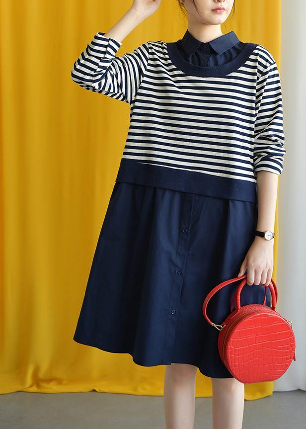 diy navy striped cotton box dress lapel false two pieces Midi fall dress