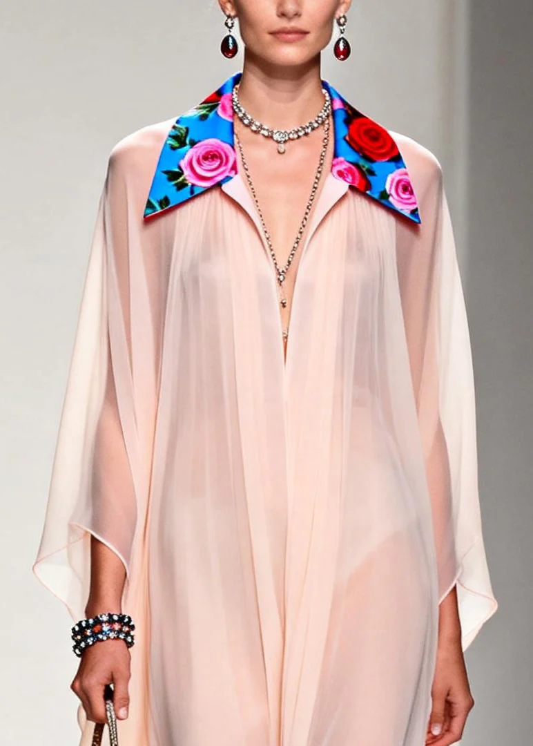 DIY Nude Peter Pan Collar Patchwork Chiffon Maxi Dress Summer - Image 2