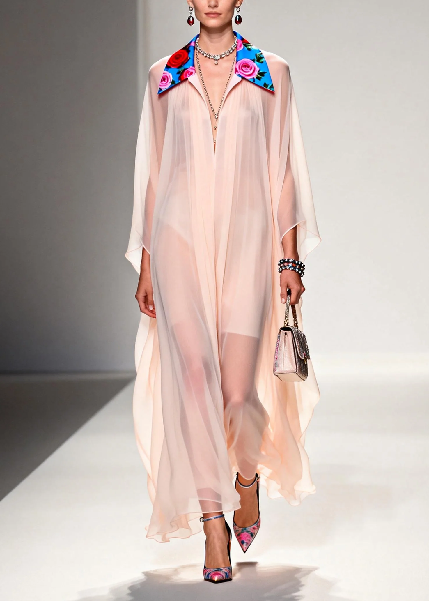DIY Nude Peter Pan Collar Patchwork Chiffon Maxi Dress Summer - Image 3