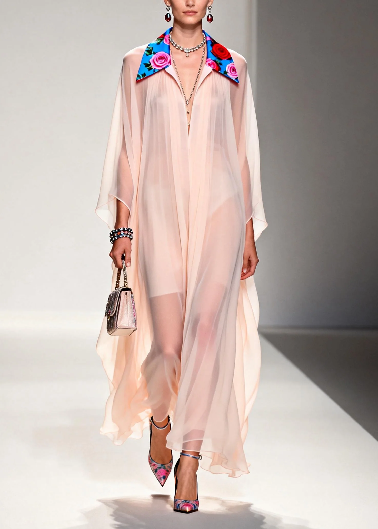 DIY Nude Peter Pan Collar Patchwork Chiffon Maxi Dress Summer - Image 5