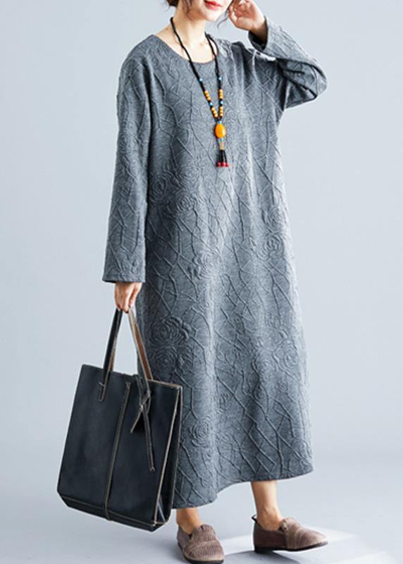 DIY o neck jacquard cotton tunic dress Catwalk gray Maxi Dress fall - Image 2