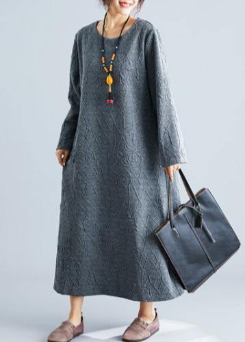 DIY o neck jacquard cotton tunic dress Catwalk gray Maxi Dress fall - Image 3