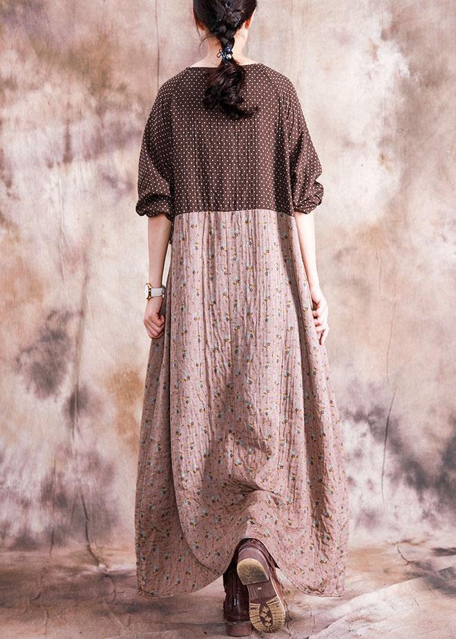 DIY o neck patchwork linen cotton clothes For Women Neckline brown print Dress fall - Image 4