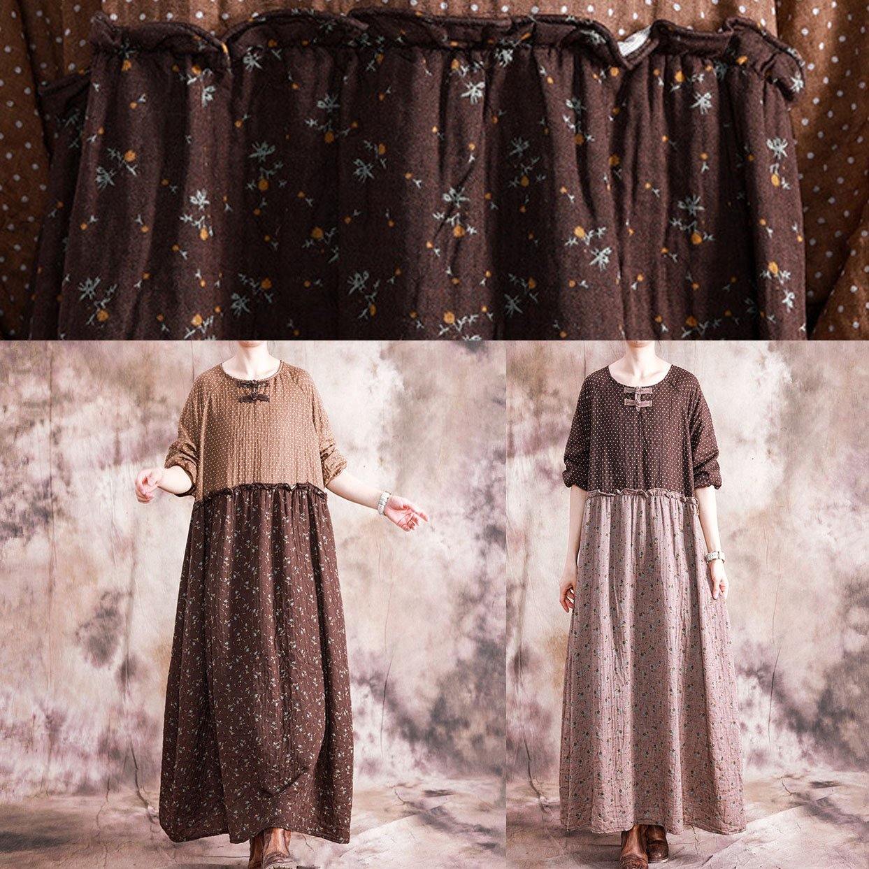 DIY o neck patchwork linen cotton clothes For Women Neckline brown print Dress fall - Image 5