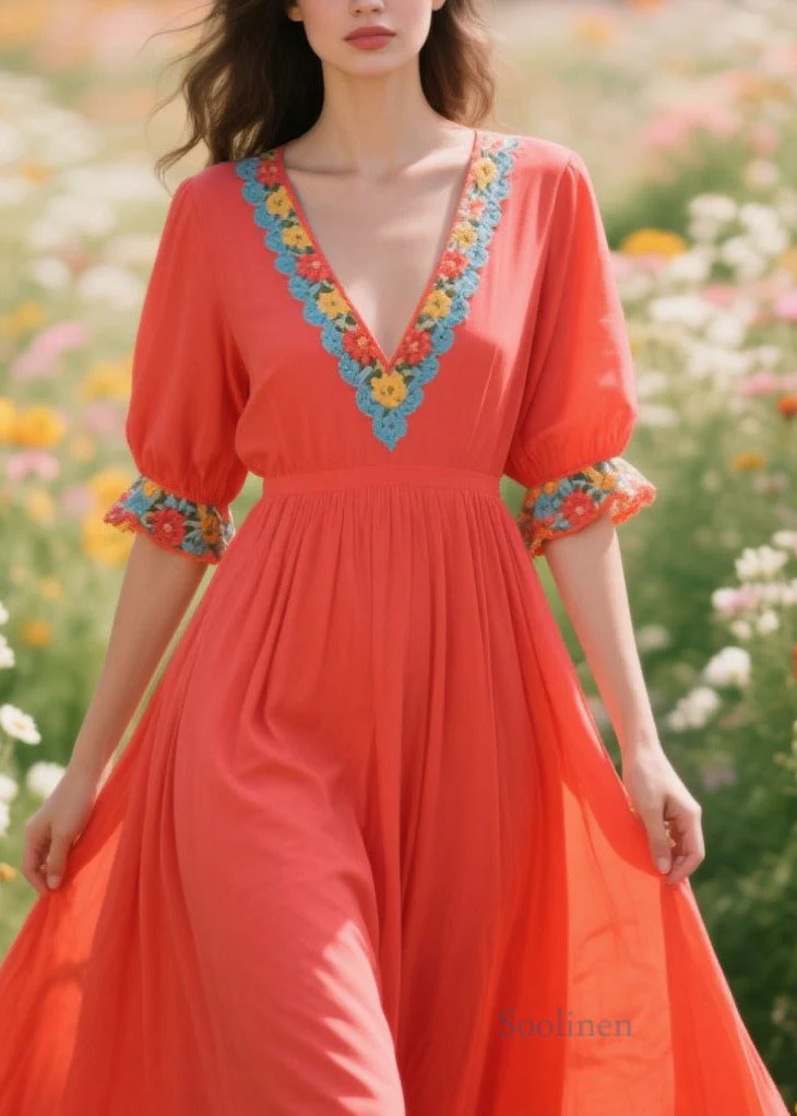 DIY Orange Exra Large Hem Patchwork Flower Cotton Vacation Dresses Summer - Image 2