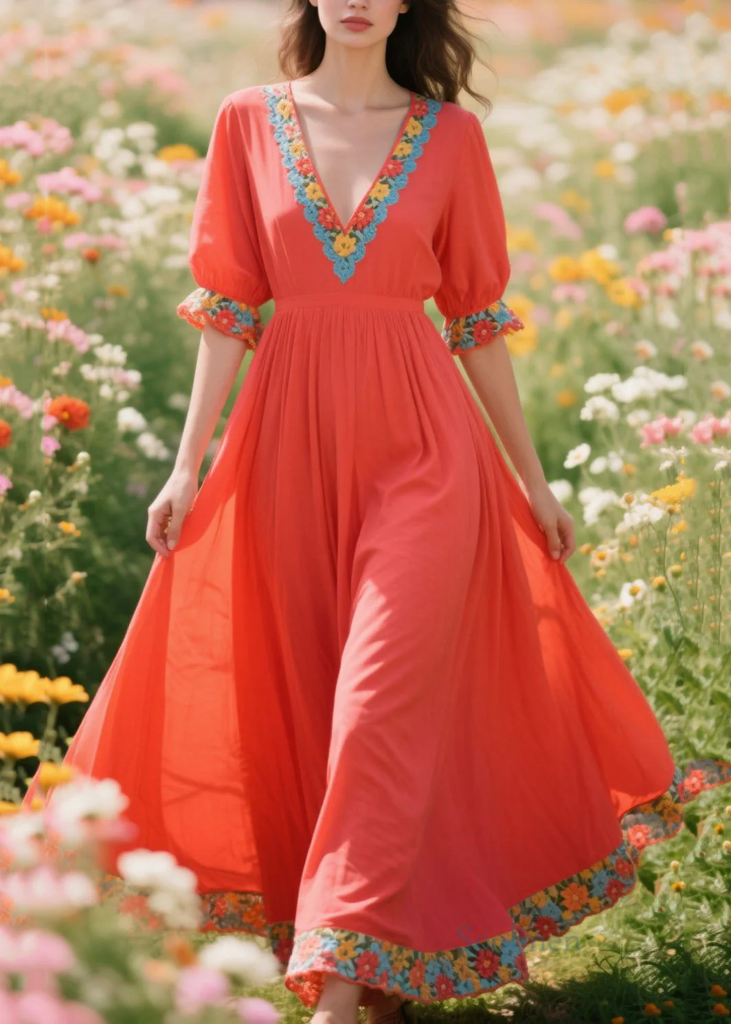 DIY Orange Exra Large Hem Patchwork Flower Cotton Vacation Dresses Summer - Image 3