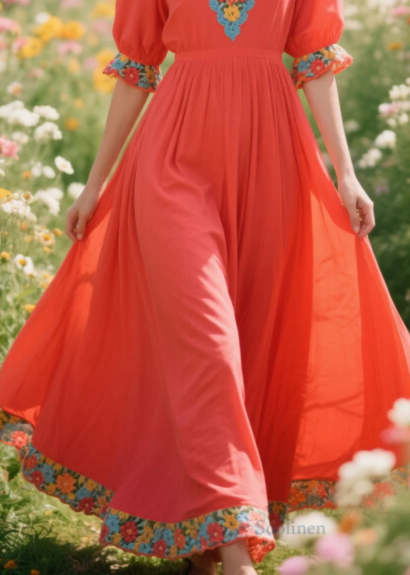 DIY Orange Exra Large Hem Patchwork Flower Cotton Vacation Dresses Summer - Image 4