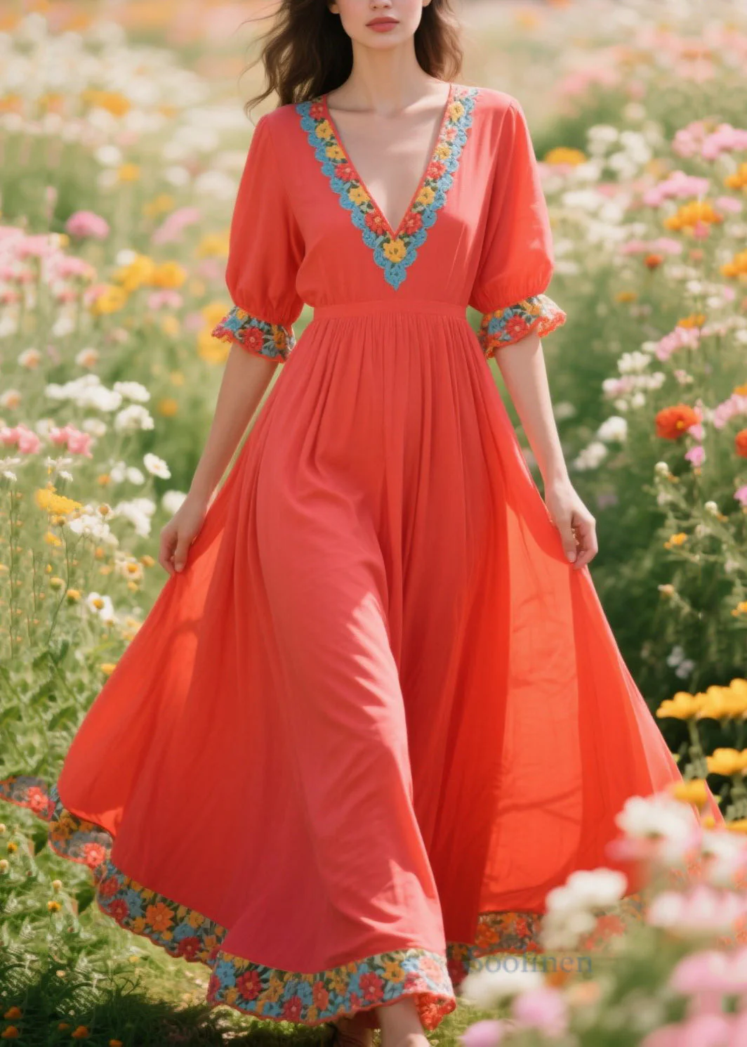 DIY Orange Exra Large Hem Patchwork Flower Cotton Vacation Dresses Summer - Image 5