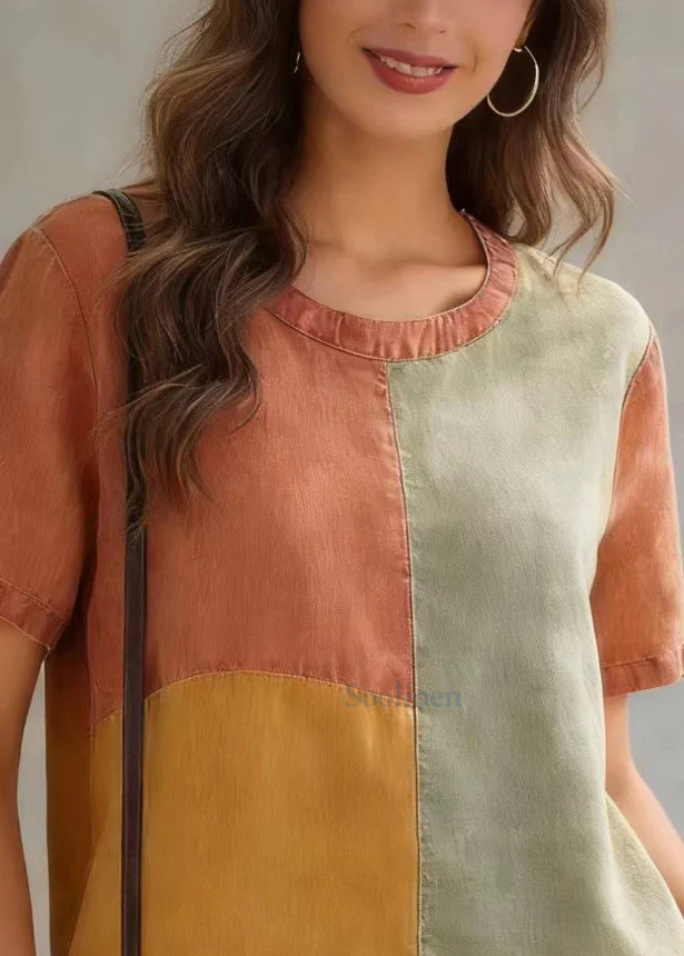 DIY Orange O-Neck Patchwork Original Design Linen Tank Top Short Sleeve - Image 2