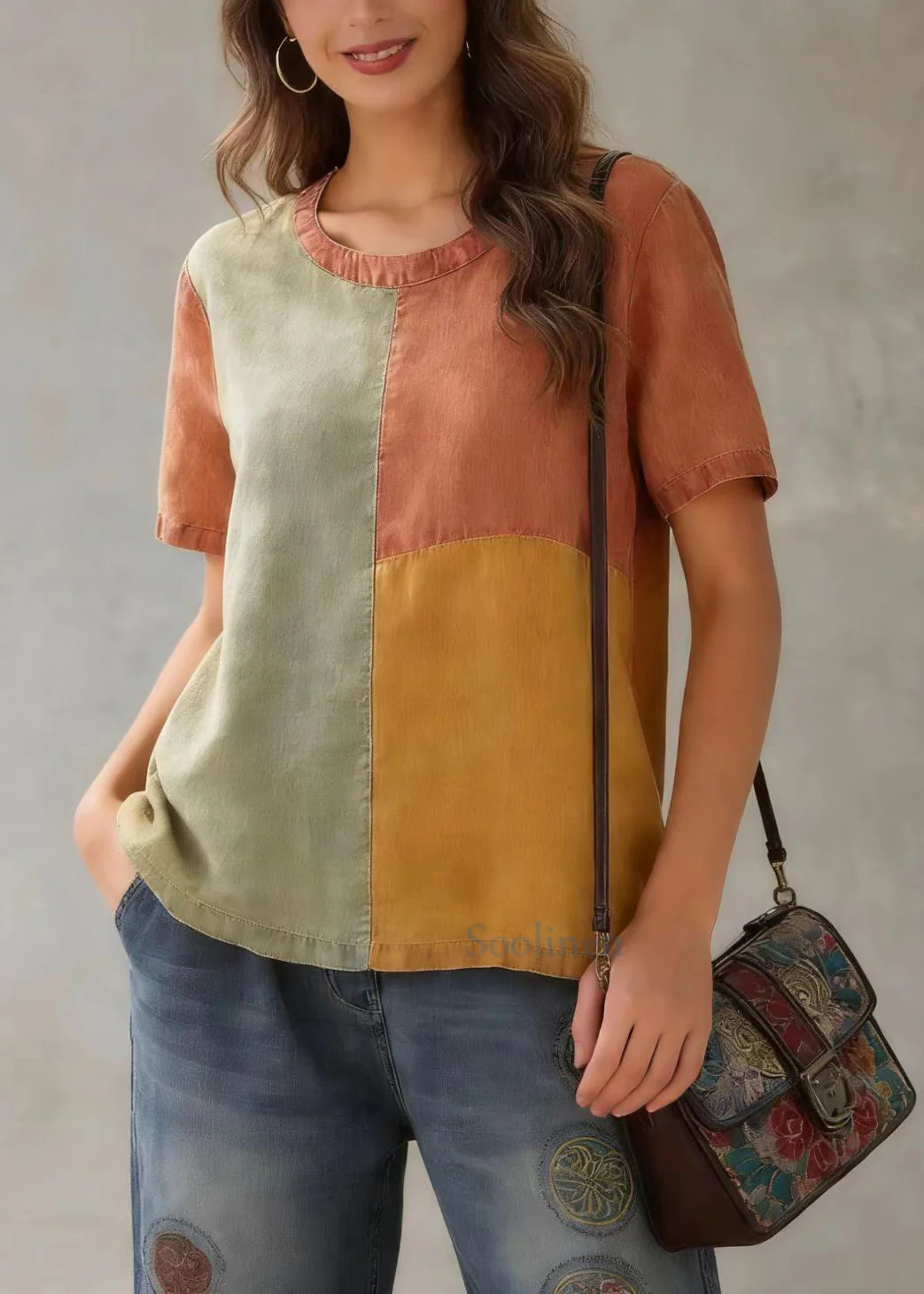 DIY Orange O-Neck Patchwork Original Design Linen Tank Top Short Sleeve - Image 3