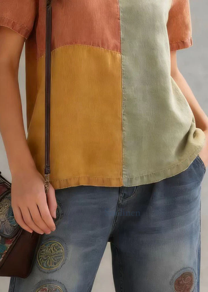 DIY Orange O-Neck Patchwork Original Design Linen Tank Top Short Sleeve - Image 4