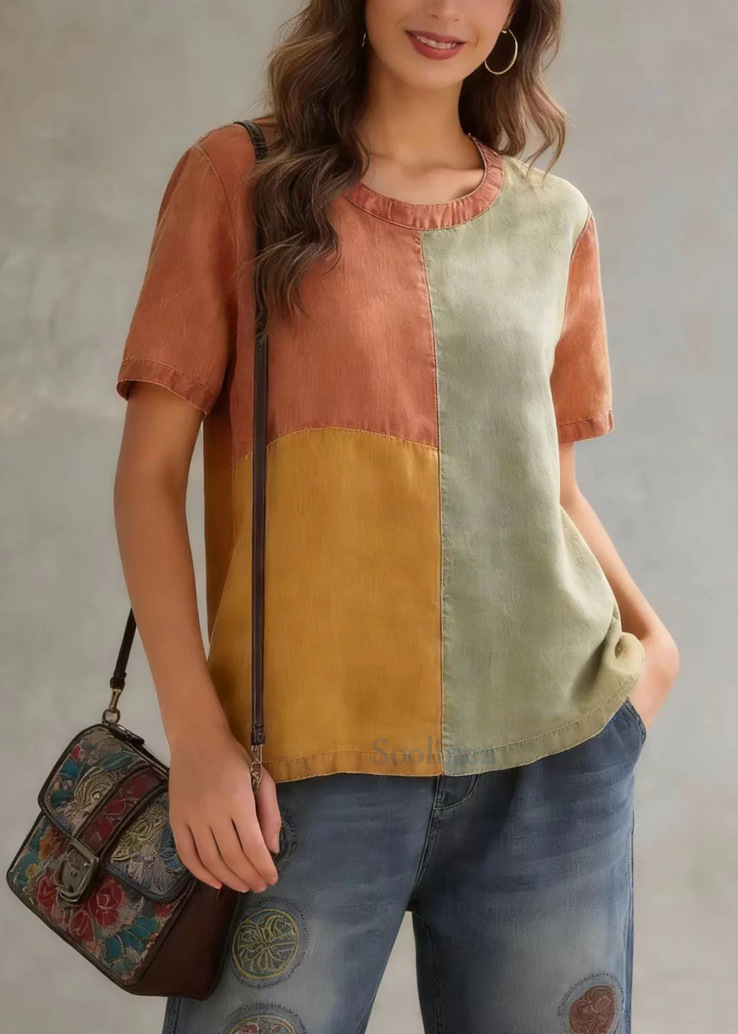 DIY Orange O-Neck Patchwork Original Design Linen Tank Top Short Sleeve - Image 5