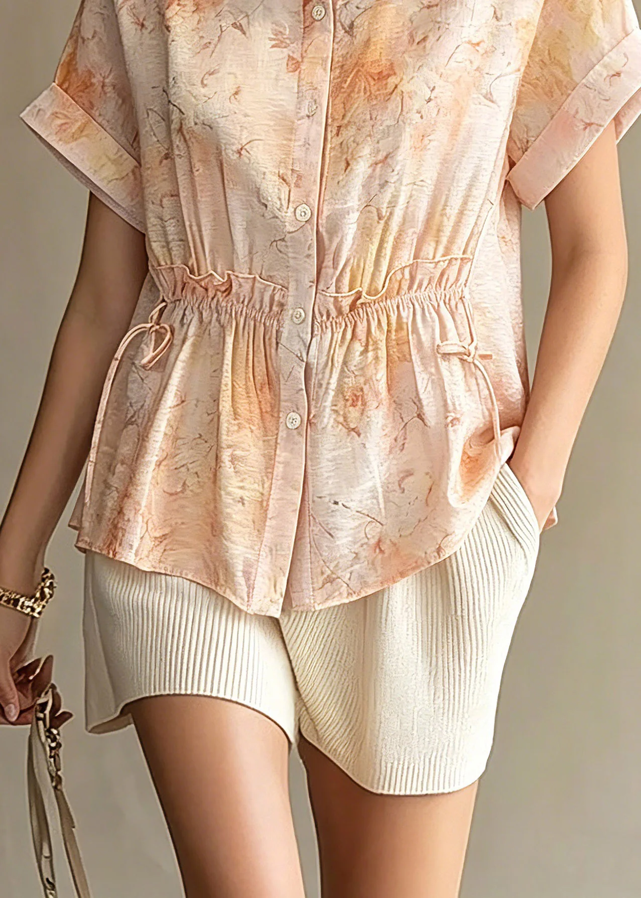 DIY Orange Peter Pan Collar Print Cinched Chiffon Shirts Summer - Image 4