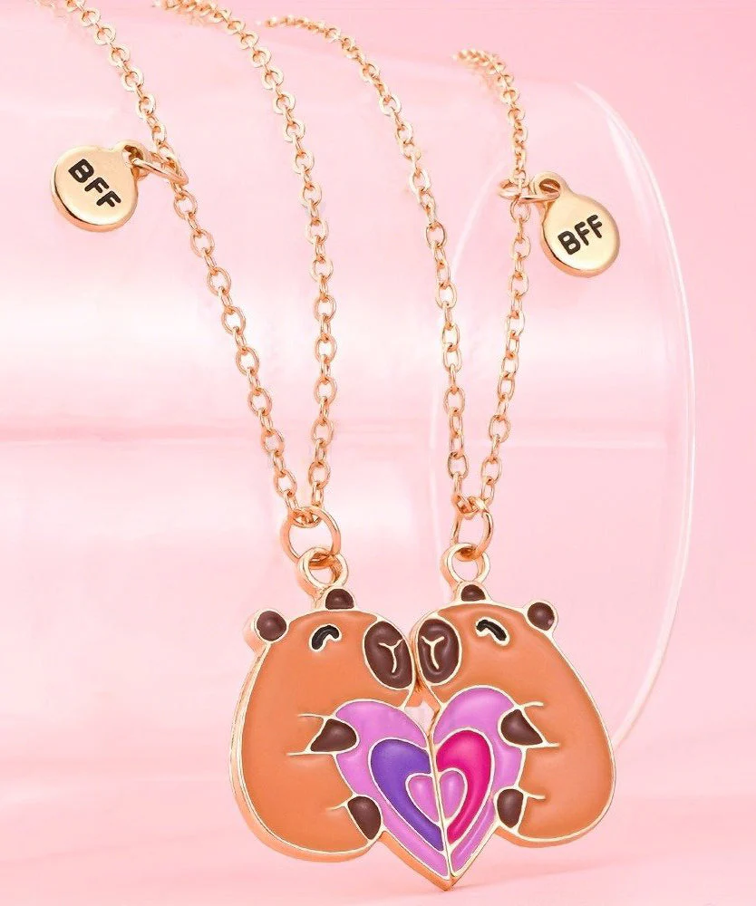 DIY Orange Stainless Steel Alloy Capybara Love Patchwork Best Friend Set Pendant Necklace - Image 3
