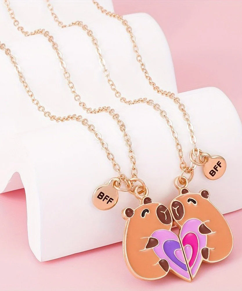DIY Orange Stainless Steel Alloy Capybara Love Patchwork Best Friend Set Pendant Necklace - Image 4
