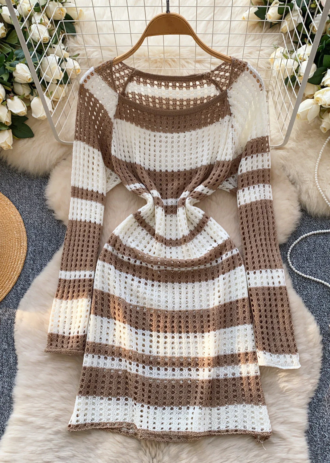 Diy Orange Striped Hollow Out Knit Mini Dress Summer - Image 2