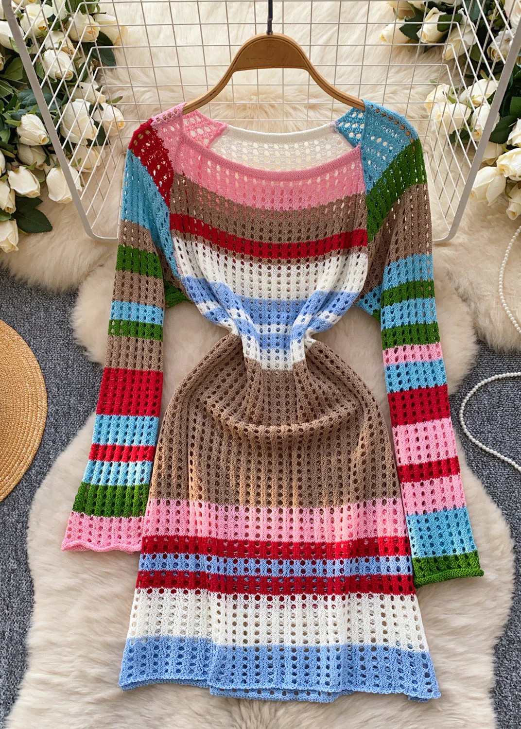 Diy Orange Striped Hollow Out Knit Mini Dress Summer - Image 3
