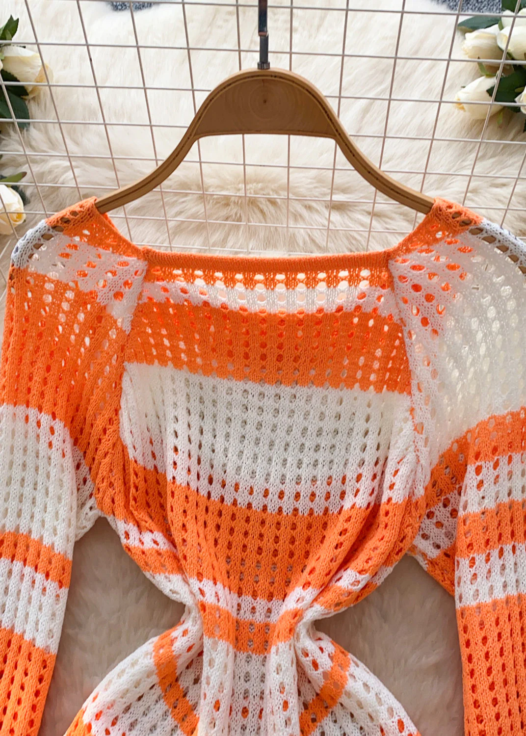 Diy Orange Striped Hollow Out Knit Mini Dress Summer - Image 4