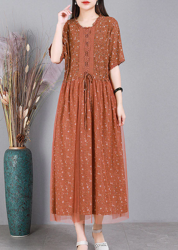 DIY Orange Tie Waist Embroideried Floral Tulle Dress Short Sleeve - Image 2